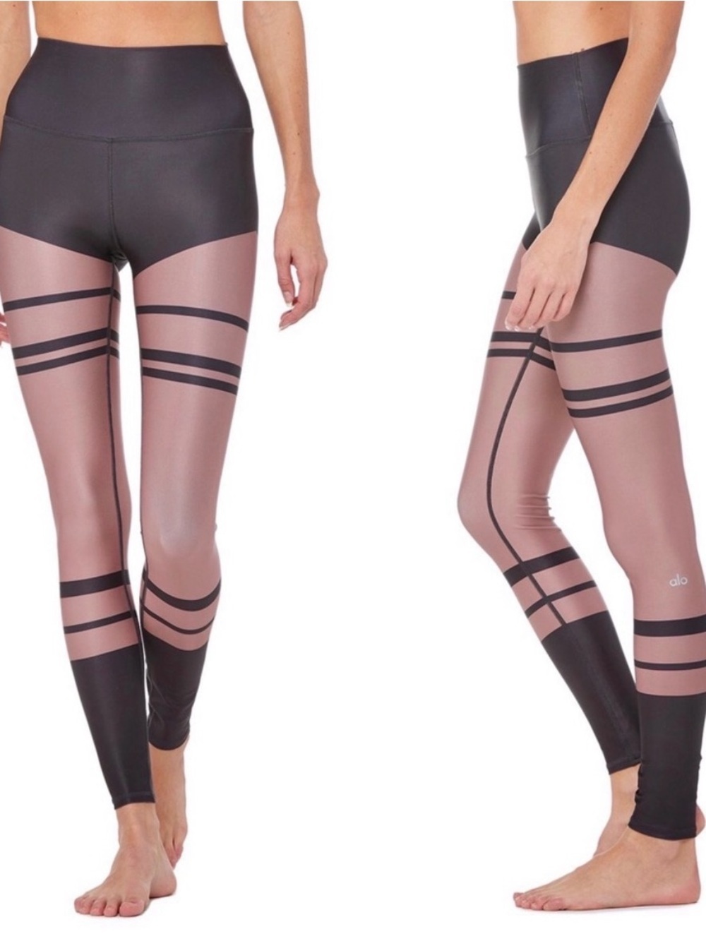 EUC ALO Yoga Mauve and Black Striped Colorblock Leggings